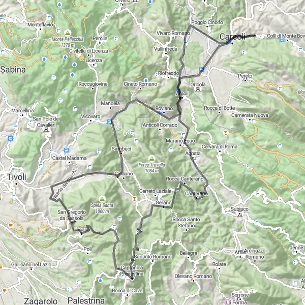 Miniatura della mappa di ispirazione al ciclismo "Passeggiata Panoramica Arsoli" nella regione di Lazio, Italy. Generata da Tarmacs.app, pianificatore di rotte ciclistiche
