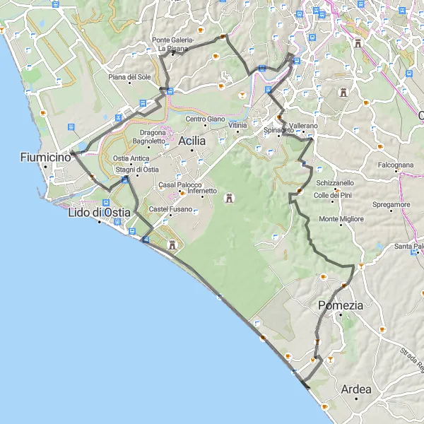 Map miniature of "Through Rugged Terrain and Ancient Temples" cycling inspiration in Lazio, Italy. Generated by Tarmacs.app cycling route planner