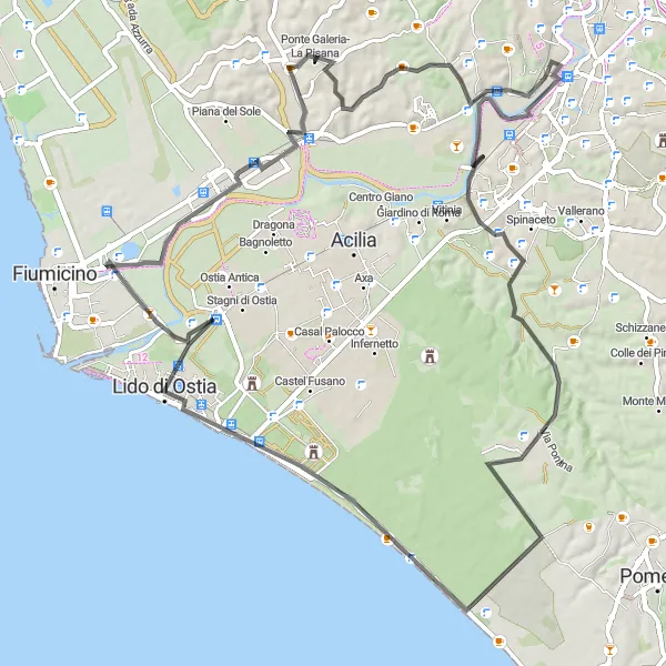 Map miniature of "The Temples and Beaches of Lazio" cycling inspiration in Lazio, Italy. Generated by Tarmacs.app cycling route planner