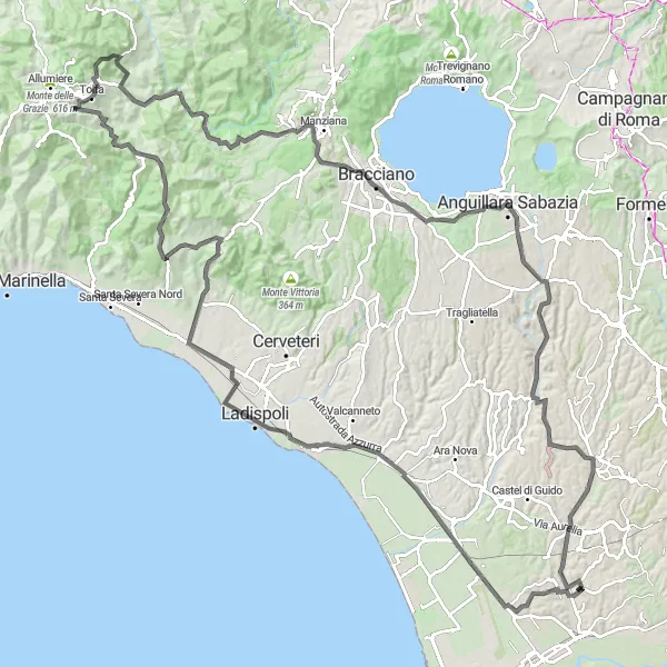 Map miniature of "The Majestic Splendors of Lazio" cycling inspiration in Lazio, Italy. Generated by Tarmacs.app cycling route planner