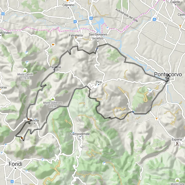 Map miniature of "Road Cycling Adventure near Pontecorvo" cycling inspiration in Lazio, Italy. Generated by Tarmacs.app cycling route planner