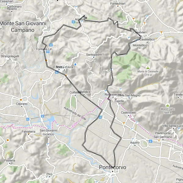 Map miniature of "Pontecorvo Road Cycling Route" cycling inspiration in Lazio, Italy. Generated by Tarmacs.app cycling route planner