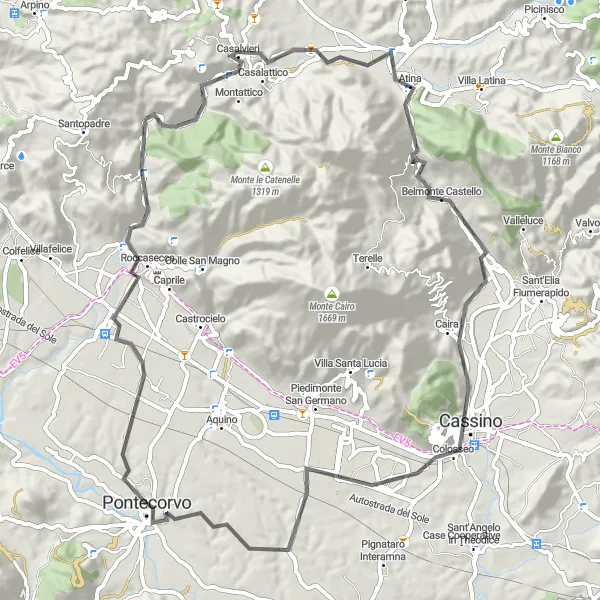 Map miniature of "Pontecorvo Historic Route" cycling inspiration in Lazio, Italy. Generated by Tarmacs.app cycling route planner
