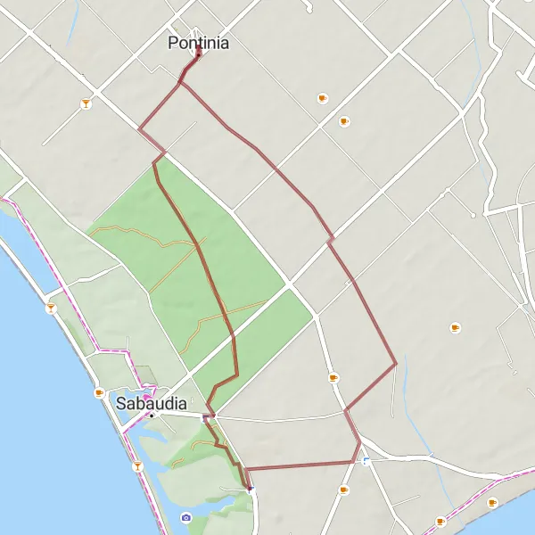 Map miniature of "Pontinia Gravel Adventure via Borgo Vodice, Lestra" cycling inspiration in Lazio, Italy. Generated by Tarmacs.app cycling route planner
