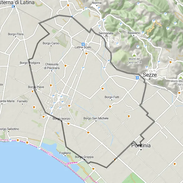 Map miniature of "Pontinia Roundtrip via Borgo Grappa, Sermoneta, Sezze Scalo" cycling inspiration in Lazio, Italy. Generated by Tarmacs.app cycling route planner