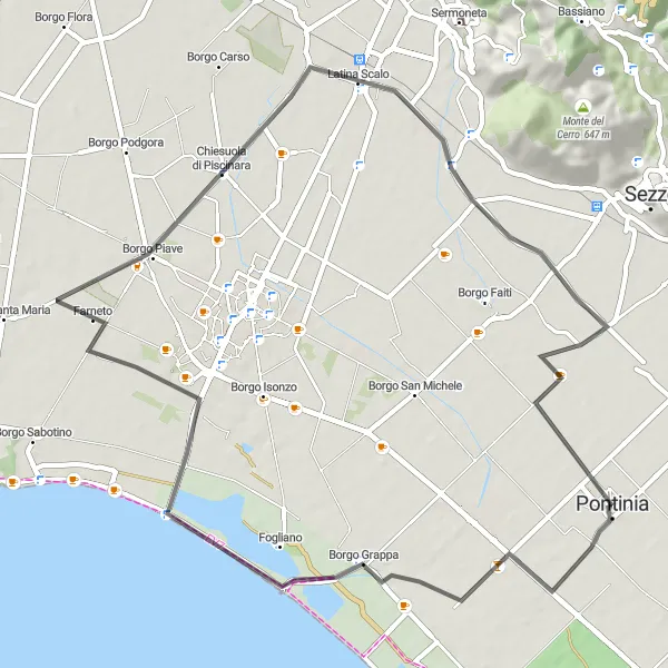 Miniatura della mappa di ispirazione al ciclismo "Bike tour da Pontinia a Latina Scalo e ritorno" nella regione di Lazio, Italy. Generata da Tarmacs.app, pianificatore di rotte ciclistiche