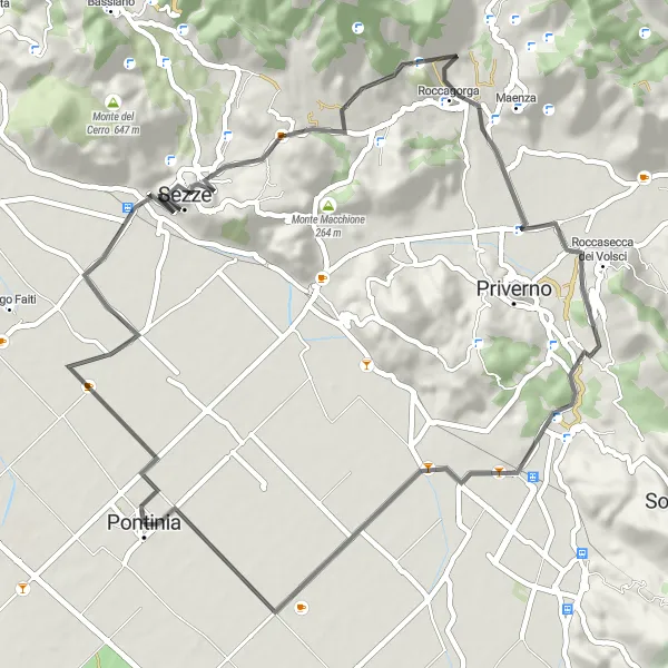 Miniatura della mappa di ispirazione al ciclismo "Giro in bicicletta da Pontinia a Monte della Difesa e ritorno" nella regione di Lazio, Italy. Generata da Tarmacs.app, pianificatore di rotte ciclistiche