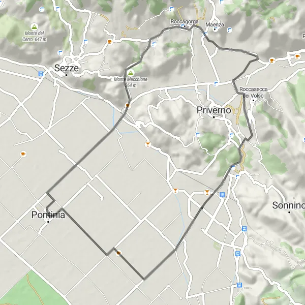 Map miniature of "Pontinia Roundtrip via Monte Macchione, Roccagorga, Roccasecca dei Volsci" cycling inspiration in Lazio, Italy. Generated by Tarmacs.app cycling route planner