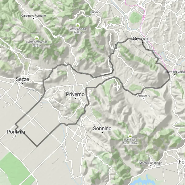 Miniatura della mappa di ispirazione al ciclismo "Tour in bicicletta da Pontinia ad Amaseno e ritorno" nella regione di Lazio, Italy. Generata da Tarmacs.app, pianificatore di rotte ciclistiche