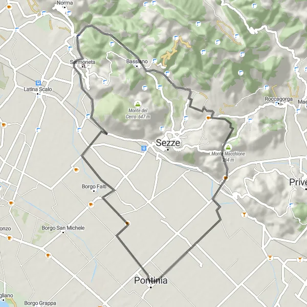 Map miniature of "Pontinia Challenge via Borgo Faiti, Sermoneta Castle, Monte Carbolino" cycling inspiration in Lazio, Italy. Generated by Tarmacs.app cycling route planner