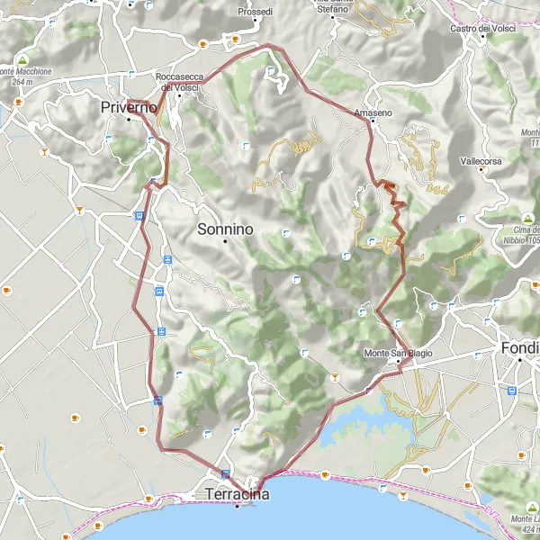 Miniatura della mappa di ispirazione al ciclismo "Giro in Gravel attraverso Monte Calvo e Monte Cucca" nella regione di Lazio, Italy. Generata da Tarmacs.app, pianificatore di rotte ciclistiche