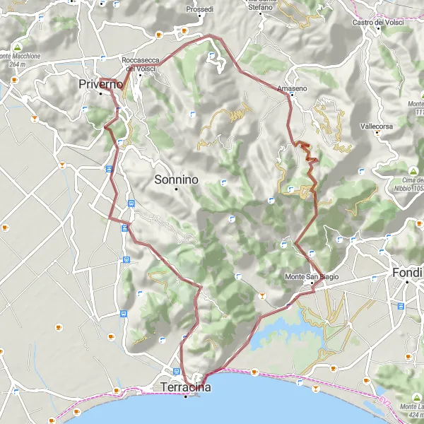 Miniatura della mappa di ispirazione al ciclismo "Gravel tra Priverno e Terracina" nella regione di Lazio, Italy. Generata da Tarmacs.app, pianificatore di rotte ciclistiche