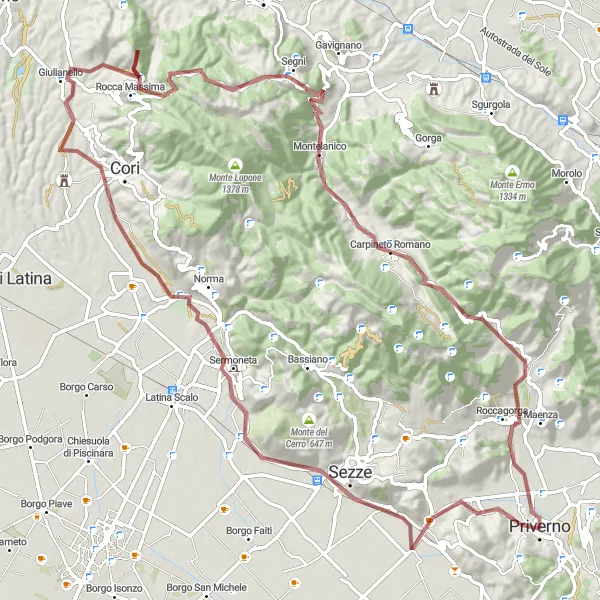 Miniatura della mappa di ispirazione al ciclismo "Gravel da Priverno a Rocca Massima e Carpianeto Romano" nella regione di Lazio, Italy. Generata da Tarmacs.app, pianificatore di rotte ciclistiche