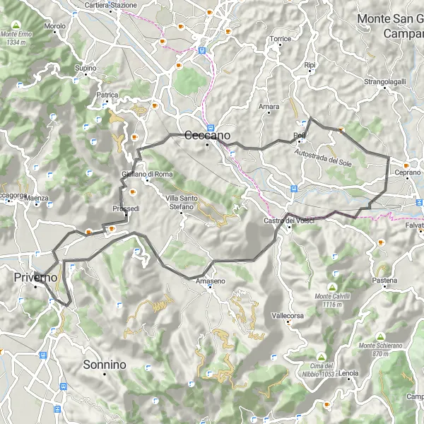 Miniatura della mappa di ispirazione al ciclismo "Salita in Road through Castro dei Volsci e Roccasecca dei Volsci" nella regione di Lazio, Italy. Generata da Tarmacs.app, pianificatore di rotte ciclistiche
