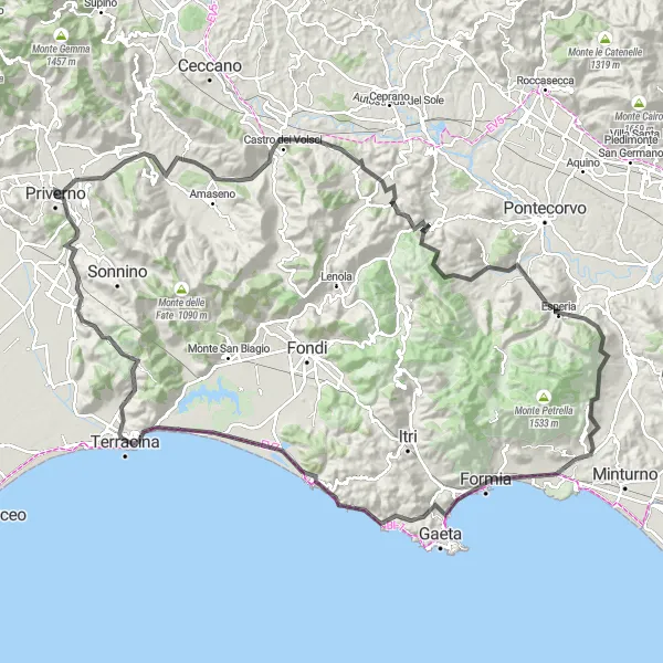 Miniatura della mappa di ispirazione al ciclismo "Road da Priverno a Sperlonga" nella regione di Lazio, Italy. Generata da Tarmacs.app, pianificatore di rotte ciclistiche