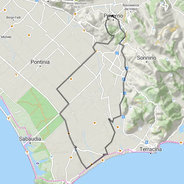 Miniatura della mappa di ispirazione al ciclismo "Road Priverno-Vecchio podere" nella regione di Lazio, Italy. Generata da Tarmacs.app, pianificatore di rotte ciclistiche