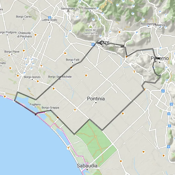 Miniatura della mappa di ispirazione al ciclismo "Road tra Priverno e Monte Macchione" nella regione di Lazio, Italy. Generata da Tarmacs.app, pianificatore di rotte ciclistiche