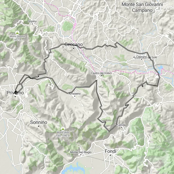 Miniatura della mappa di ispirazione al ciclismo "Tra Colline e Borghi Medievali" nella regione di Lazio, Italy. Generata da Tarmacs.app, pianificatore di rotte ciclistiche