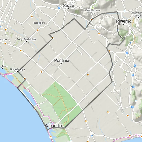 Miniatura della mappa di ispirazione al ciclismo "Costa e Borghi sul Mare" nella regione di Lazio, Italy. Generata da Tarmacs.app, pianificatore di rotte ciclistiche