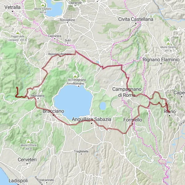 Map miniature of "Riano - Monte Musino - Anguillara Sabazia - Manziana - Monte Calvario - Campagnano di Roma - Monterosi" cycling inspiration in Lazio, Italy. Generated by Tarmacs.app cycling route planner