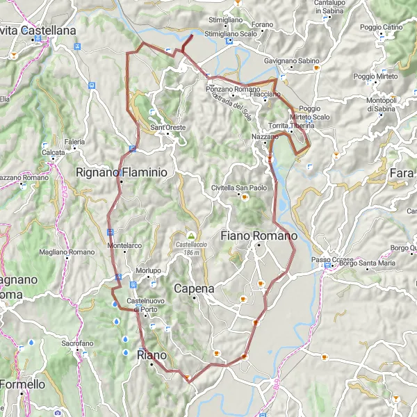 Map miniature of "Riano Gravel Adventure" cycling inspiration in Lazio, Italy. Generated by Tarmacs.app cycling route planner