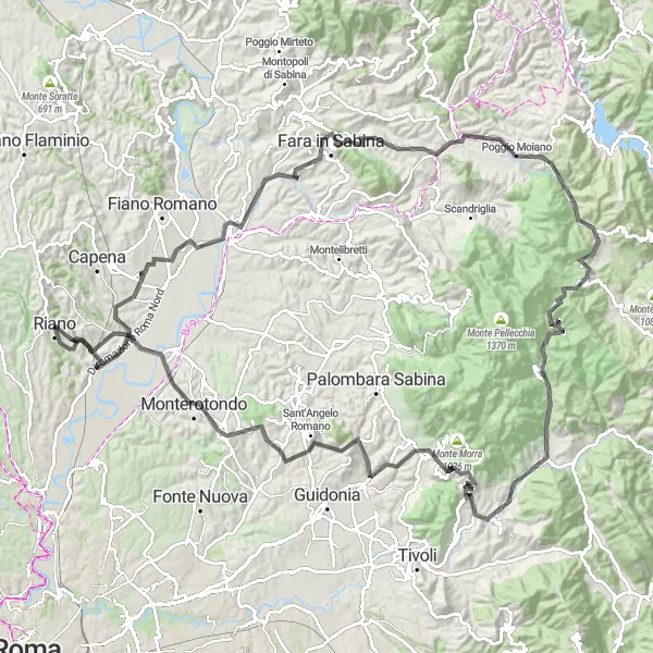 Map miniature of "Riano - Passo Corese - Monte Buzio - Toffia - Poggio Moiano - Colle Pratarone - Monterotondo Scalo" cycling inspiration in Lazio, Italy. Generated by Tarmacs.app cycling route planner