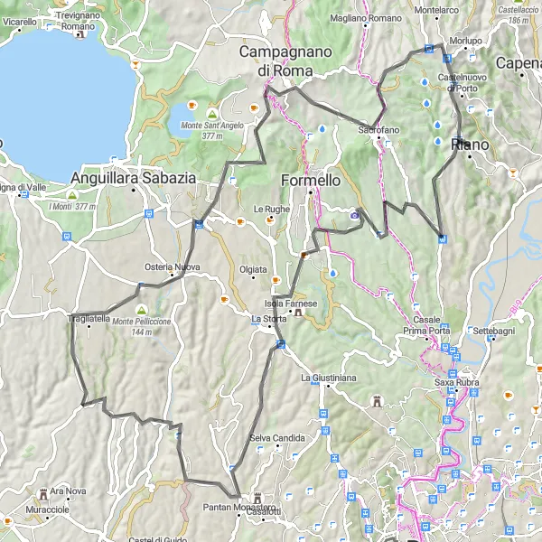 Miniatura della mappa di ispirazione al ciclismo "Giro in bicicletta di 100 km da Riano: Monte Aguzzo e Monte del Carretto" nella regione di Lazio, Italy. Generata da Tarmacs.app, pianificatore di rotte ciclistiche