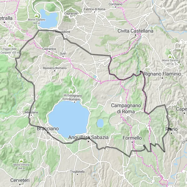Miniatura della mappa di ispirazione al ciclismo "Rotta ciclistica attraverso il Parco regionale di Veio e Bracciano" nella regione di Lazio, Italy. Generata da Tarmacs.app, pianificatore di rotte ciclistiche