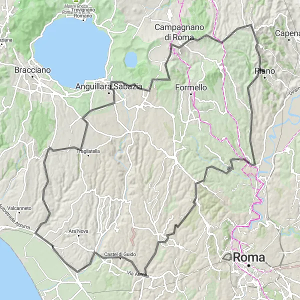 Map miniature of "Hills and Castles" cycling inspiration in Lazio, Italy. Generated by Tarmacs.app cycling route planner