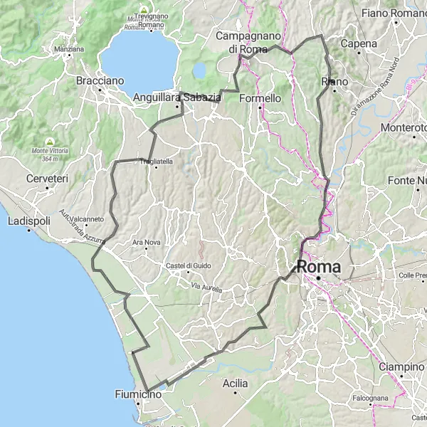 Map miniature of "Coastal Adventure" cycling inspiration in Lazio, Italy. Generated by Tarmacs.app cycling route planner