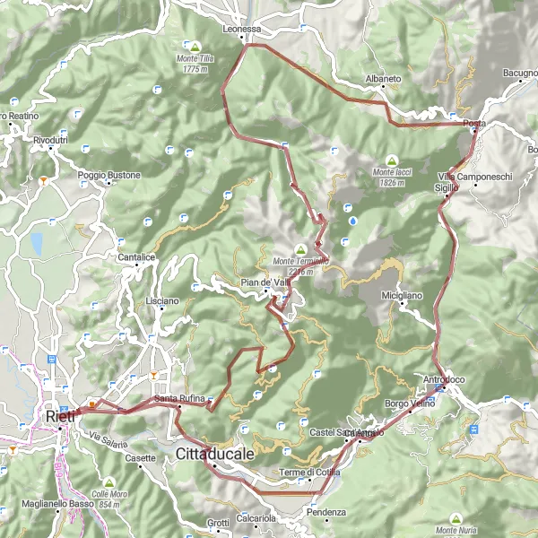 Miniatura della mappa di ispirazione al ciclismo "Challenging gravel ride to Monte Terminillo" nella regione di Lazio, Italy. Generata da Tarmacs.app, pianificatore di rotte ciclistiche