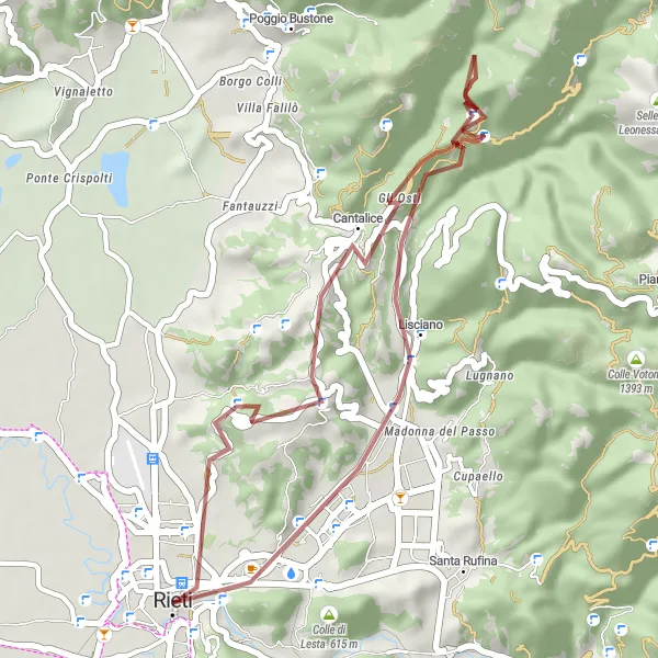 Miniatura della mappa di ispirazione al ciclismo "Gravel loop from Rieti" nella regione di Lazio, Italy. Generata da Tarmacs.app, pianificatore di rotte ciclistiche