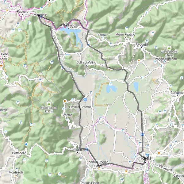 Miniatura della mappa di ispirazione al ciclismo "Contigliano Scenic Road Trip" nella regione di Lazio, Italy. Generata da Tarmacs.app, pianificatore di rotte ciclistiche