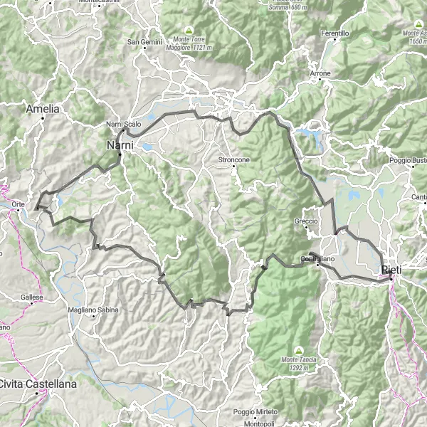 Miniatura della mappa di ispirazione al ciclismo "Giro in bici da Rieti" nella regione di Lazio, Italy. Generata da Tarmacs.app, pianificatore di rotte ciclistiche