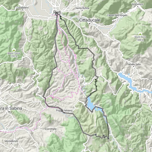 Miniatura della mappa di ispirazione al ciclismo "Mountainous road cycling route in Lazio" nella regione di Lazio, Italy. Generata da Tarmacs.app, pianificatore di rotte ciclistiche