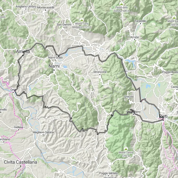 Miniatura della mappa di ispirazione al ciclismo "Tour delle Cascate: Rieti e la Valle Santa" nella regione di Lazio, Italy. Generata da Tarmacs.app, pianificatore di rotte ciclistiche