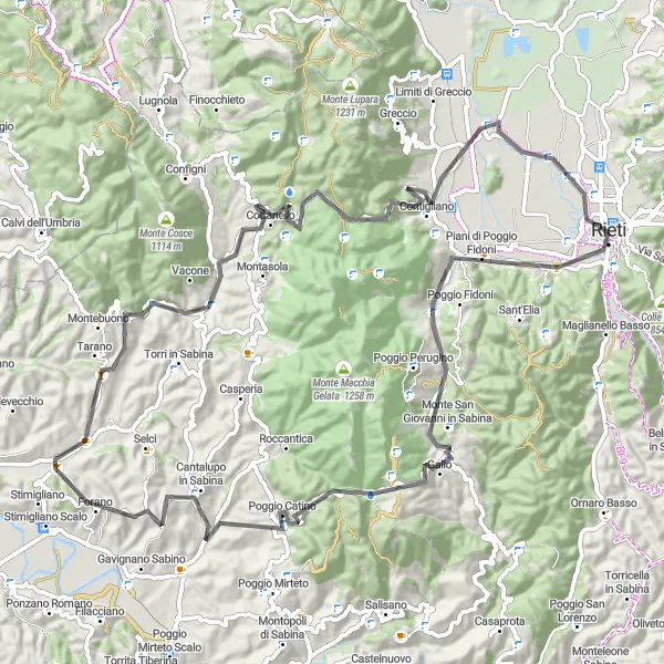 Miniatura della mappa di ispirazione al ciclismo "Il Giro delle Colline Sabine" nella regione di Lazio, Italy. Generata da Tarmacs.app, pianificatore di rotte ciclistiche