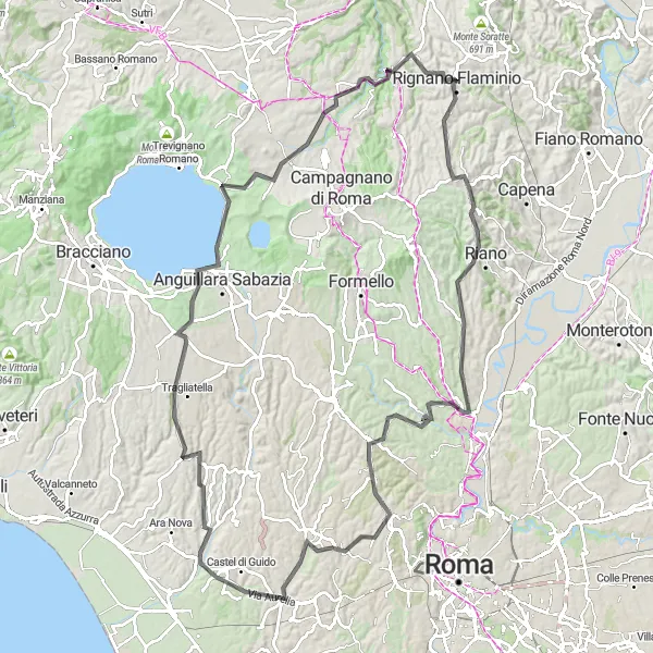Miniatura della mappa di ispirazione al ciclismo "Tour ciclistico da Rignano Flaminio a Monti della Mandola" nella regione di Lazio, Italy. Generata da Tarmacs.app, pianificatore di rotte ciclistiche