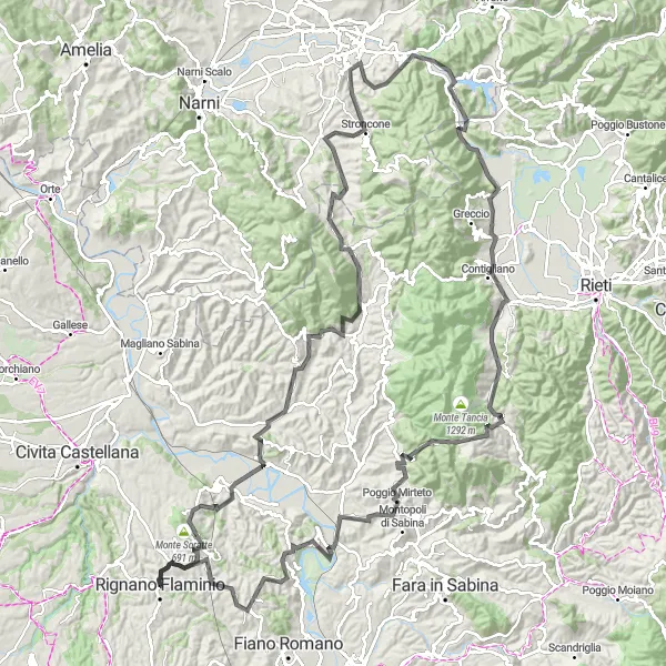 Miniatura della mappa di ispirazione al ciclismo "Avventura ciclistica tra Rignano Flaminio e Torrita Tiberina" nella regione di Lazio, Italy. Generata da Tarmacs.app, pianificatore di rotte ciclistiche