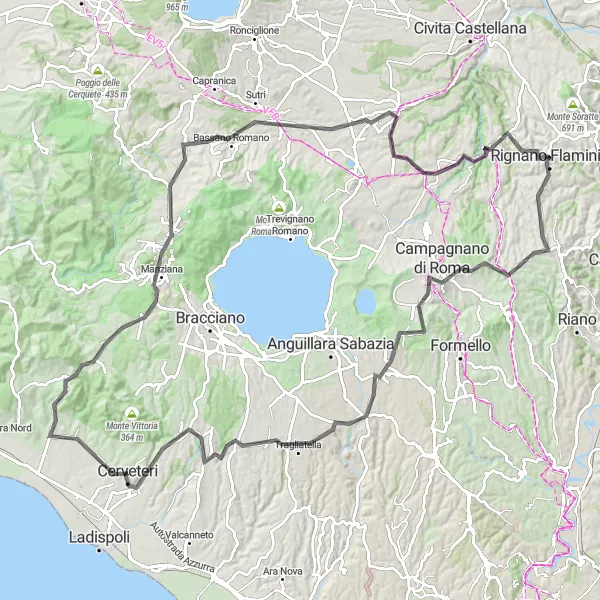 Miniatura della mappa di ispirazione al ciclismo "Esplorando la campagna laziale in sella" nella regione di Lazio, Italy. Generata da Tarmacs.app, pianificatore di rotte ciclistiche