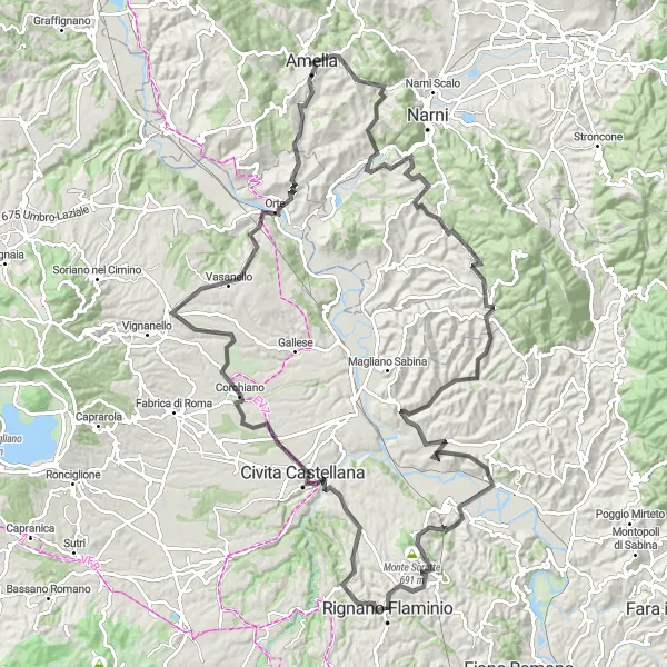 Miniatura della mappa di ispirazione al ciclismo "Giro in bici Rignano Flaminio - Monte San Salvatore - Stimigliano" nella regione di Lazio, Italy. Generata da Tarmacs.app, pianificatore di rotte ciclistiche