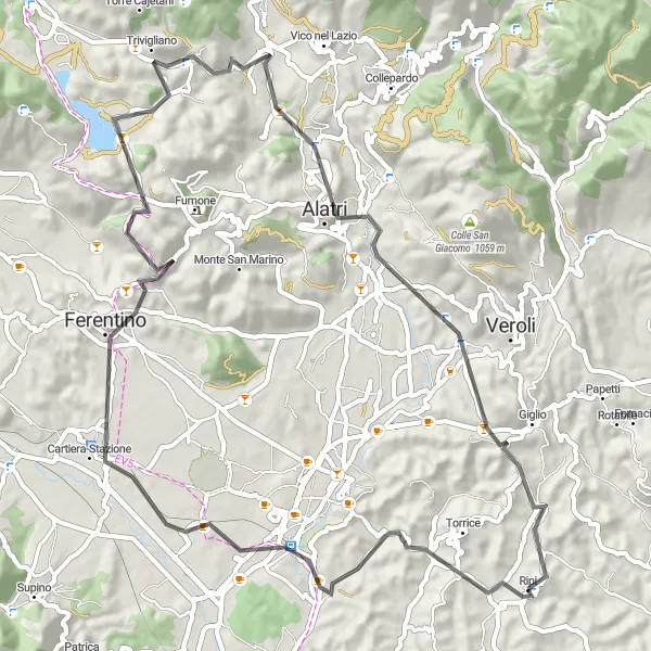 Miniatura della mappa di ispirazione al ciclismo "Giro in bici da Ripi a Ferentino e Alatri" nella regione di Lazio, Italy. Generata da Tarmacs.app, pianificatore di rotte ciclistiche