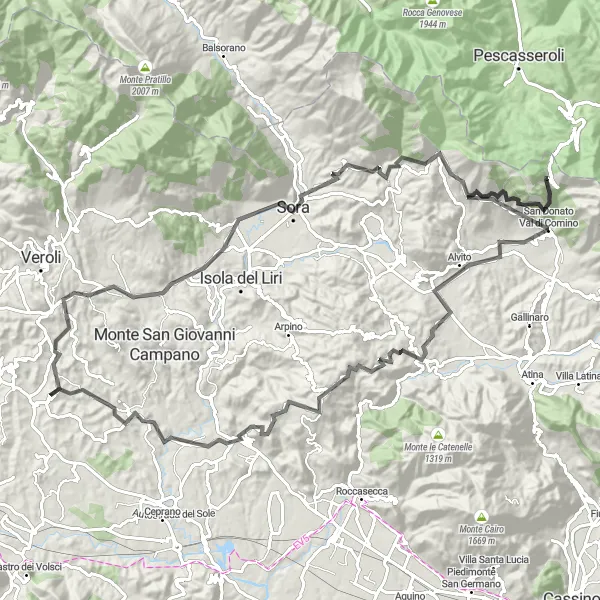 Miniatura della mappa di ispirazione al ciclismo "Avventuroso giro in bici da Ripi a Monte Pizzuto e Strangolagalli" nella regione di Lazio, Italy. Generata da Tarmacs.app, pianificatore di rotte ciclistiche