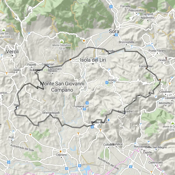 Map miniature of "The Casamari Loop" cycling inspiration in Lazio, Italy. Generated by Tarmacs.app cycling route planner