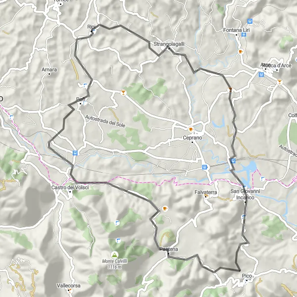 Miniatura della mappa di ispirazione al ciclismo "Giro in bicicletta da Ripi a Strangolagalli" nella regione di Lazio, Italy. Generata da Tarmacs.app, pianificatore di rotte ciclistiche