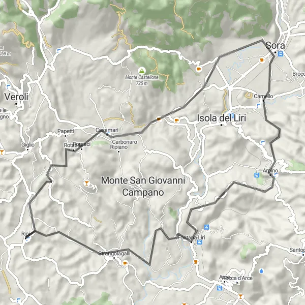 Miniatura della mappa di ispirazione al ciclismo "Giro panoramico di 60 km da Ripi" nella regione di Lazio, Italy. Generata da Tarmacs.app, pianificatore di rotte ciclistiche