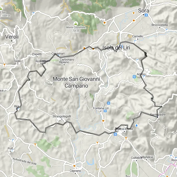 Miniatura della mappa di ispirazione al ciclismo "Avventura di 68 km tra storia e natura" nella regione di Lazio, Italy. Generata da Tarmacs.app, pianificatore di rotte ciclistiche