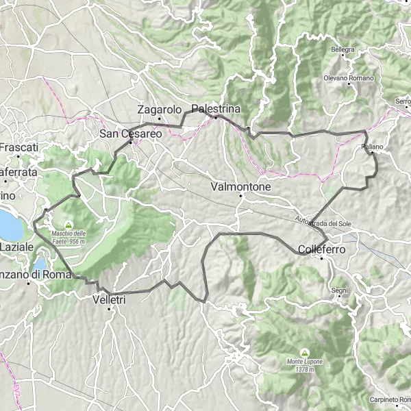 Map miniature of "The Volcano Challenge" cycling inspiration in Lazio, Italy. Generated by Tarmacs.app cycling route planner