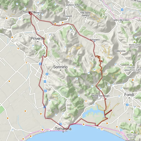Miniatura della mappa di ispirazione al ciclismo "Giro in Gravel da Roccagorga a Terracina" nella regione di Lazio, Italy. Generata da Tarmacs.app, pianificatore di rotte ciclistiche