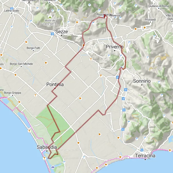 Map miniature of "Gravel Adventure: Roccagorga Exploration" cycling inspiration in Lazio, Italy. Generated by Tarmacs.app cycling route planner
